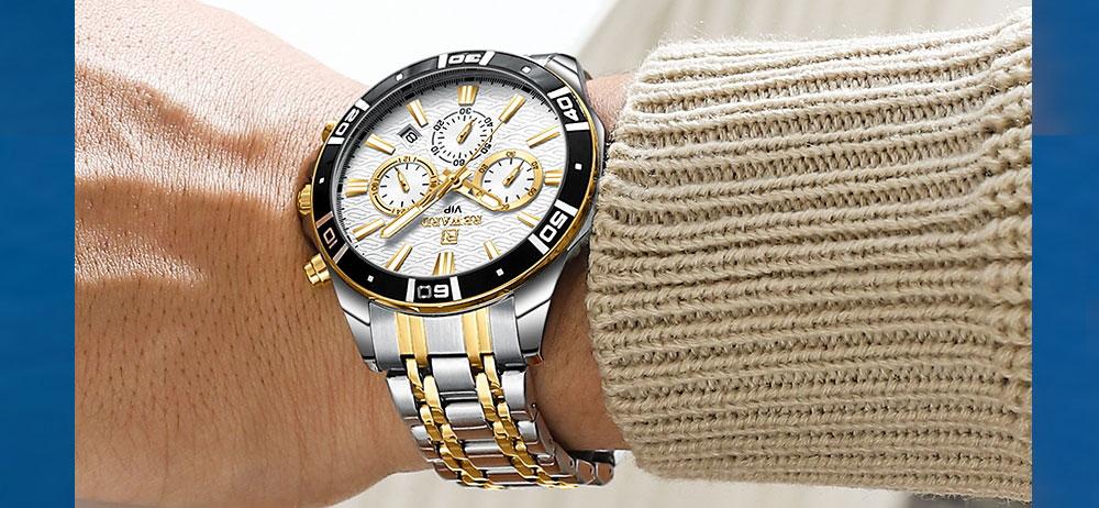 REWARD Mens Watches Waterproof Luminous Sport Stopwatch Big Dial Quartz Clock Stainless Steel Business Wristwatch for Men