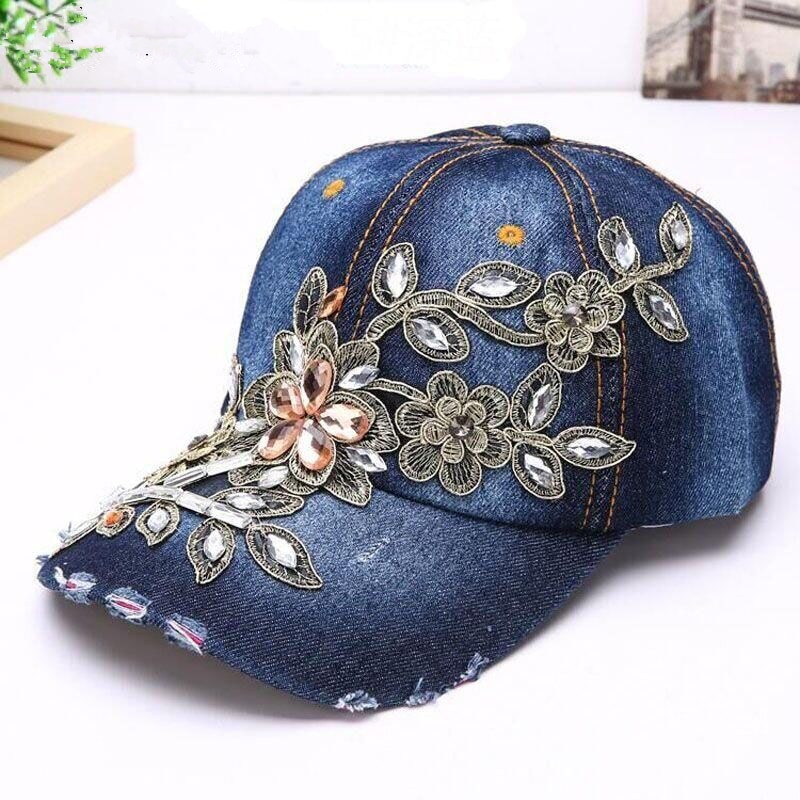 Women's Baseball Cap Diamond Painting Embroidery Flower Denim Snapback Hats Jeans Woman Female Cap Cowboy Summer Sun Hat