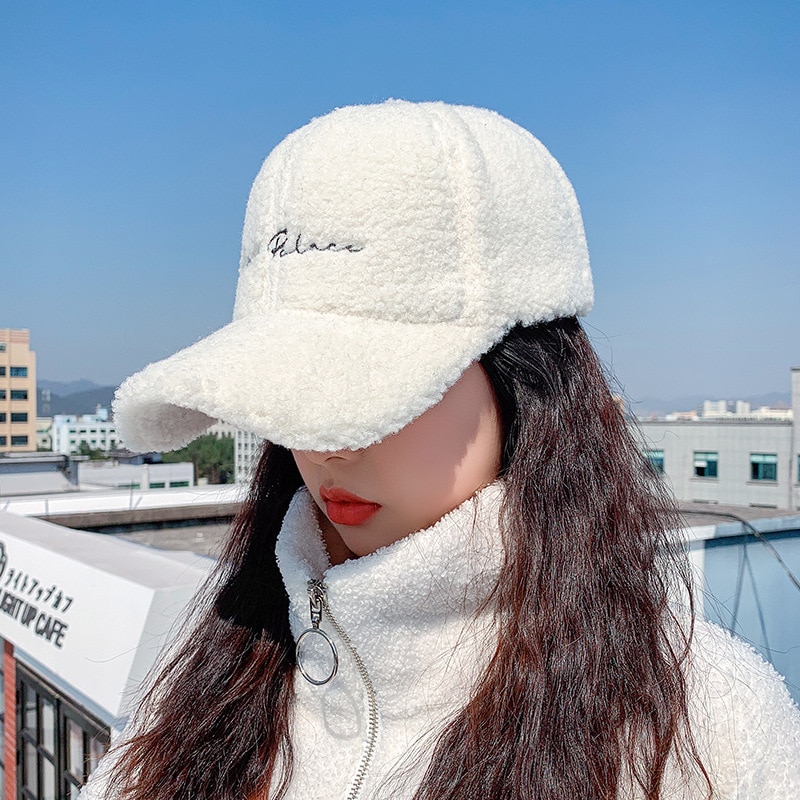 New Lamb Wool Baseball Cap Letter Embroidery Women Sun Hat Lady Girls Outdoor Warm Winter Spring Plush Caps