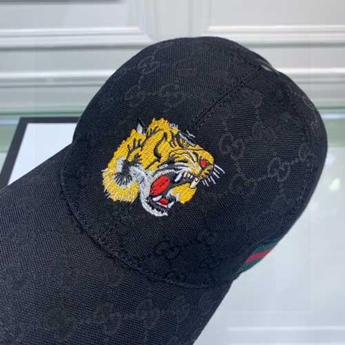 Black Embroidered Cat Head Gucci Engraved GG Canvas Pattern Baseball Hat With Side Stripe