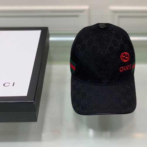 Black Embroidered Gucci Logo GG Canvas Baseball Hat With Side Stripe