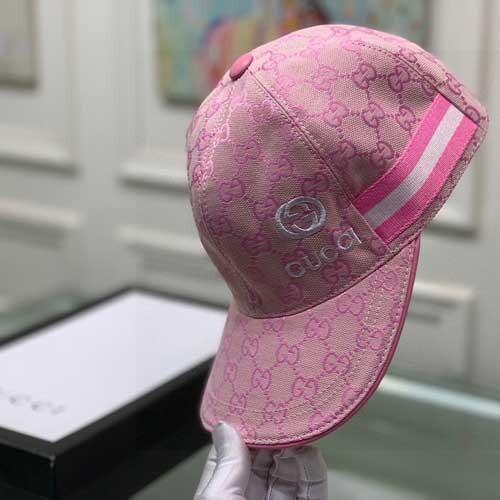 Pink Gucci Embroidered Logo GG Canvas Baseball Hat With Side Stripe