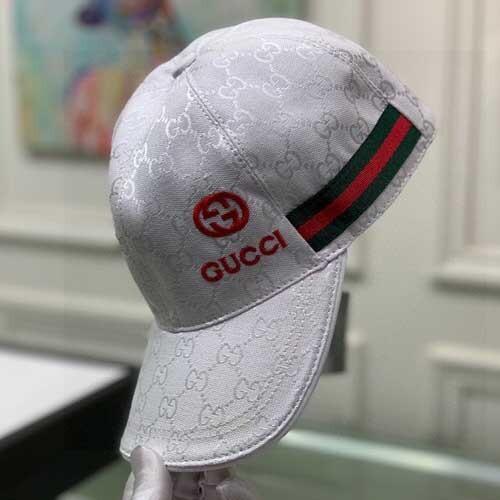White Gucci Embroidered Logo GG Canvas Baseball Hat With Side Stripe