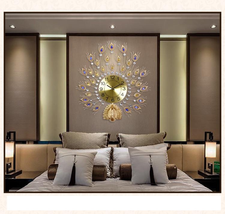 Large Digital Wall Clock Modern Design Luxury Machine Mechanism Golden 3d Peacock Wall Clock for Living Room Horloge Home Decor