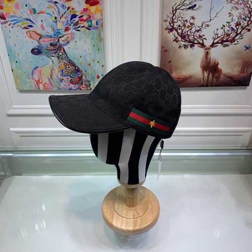 Black Gucci Engraved GG Canvas Pattern Baseball Hat With Side Stripe