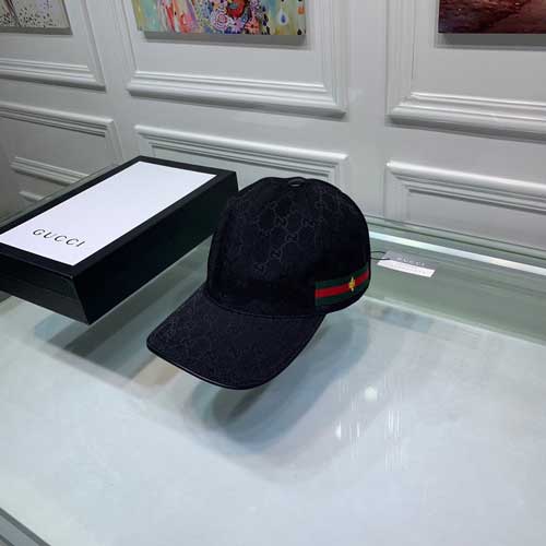 Black Gucci Engraved GG Canvas Pattern Baseball Hat With Side Stripe