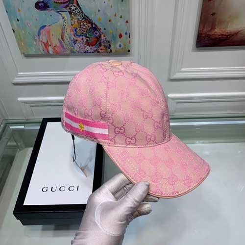 Pink Gucci Engraved GG Canvas Pattern Baseball Hat With Side Stripe