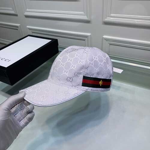 White Gucci Engraved GG Canvas Pattern Baseball Hat With Side Stripe