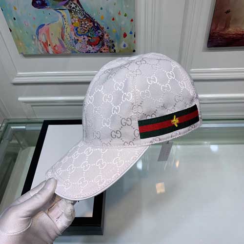 White Gucci Engraved GG Canvas Pattern Baseball Hat With Side Stripe